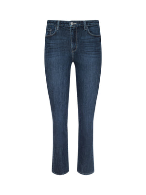 The Mira Cropped Bootcut Jean by L'AGENCE in dark blue stretch denim features a button and zip closure, front and back pockets, slight thigh fading, and is shown against a plain white background.