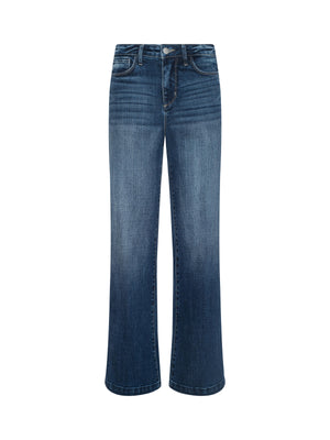 The Scottie Wide-Leg Jean is a pair of blue, high-waisted wide-leg jeans in stretch denim with a contoured waistband, button and zip closure, front and back pockets, and a slightly faded wash on the thighs and knees. Displayed on white.