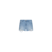 The Teya Low-Rise Jean Short features a light blue wash with distressed, ripped detailing on both legs, front pockets, and a button-zip closure, shown against a plain white background.