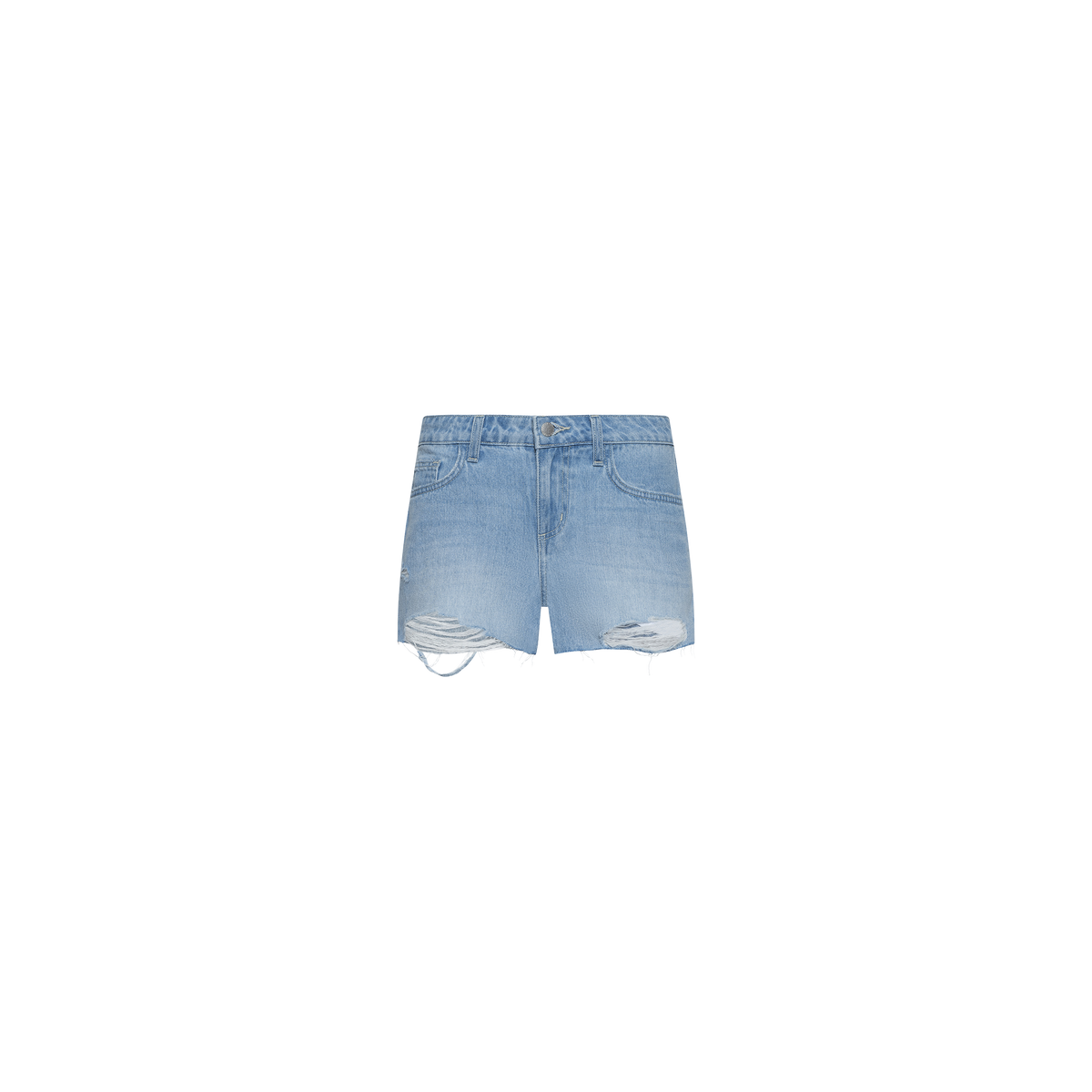 The Teya Low-Rise Jean Short features a light blue wash with distressed, ripped detailing on both legs, front pockets, and a button-zip closure, shown against a plain white background.