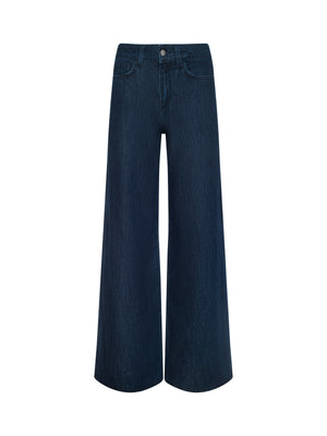 The Pacey Wide-Leg Jean features a dark wash, high-rise fit, wide legs, button and zip closure, plus front and back pockets. Displayed against a white background.