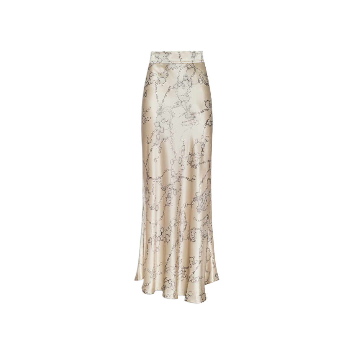 The Ryker Silk Maxi Skirt, a long, high-waisted cream satin piece adorned with a delicate floral pattern, embodies minimalist sophistication and is displayed on a plain white background.