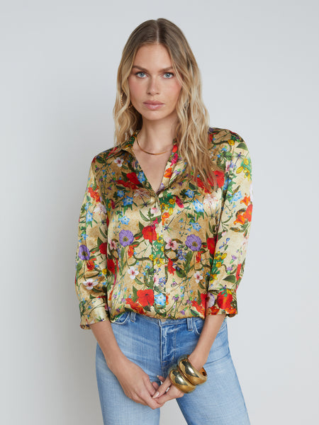 L'AGENCE - Dani 3/4 Sleeve Silk Blouse in Yellow Multi