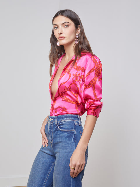 L'AGENCE Dani Blouse in Pink/Red Buckle Chain