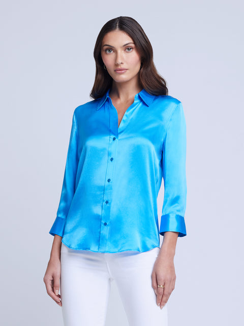 L\'AGENCE Dani Silk Blouse in Neon Blue