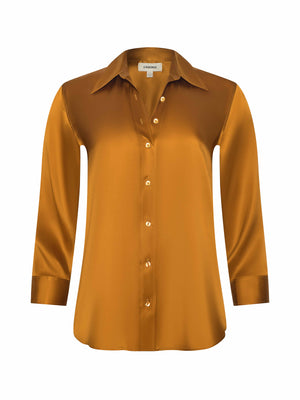 The Dani Silk Blouse by L'AGENCE is a shiny golden-brown satin button-down with long sleeves, cuffs, and a collar, shown on a plain white background.