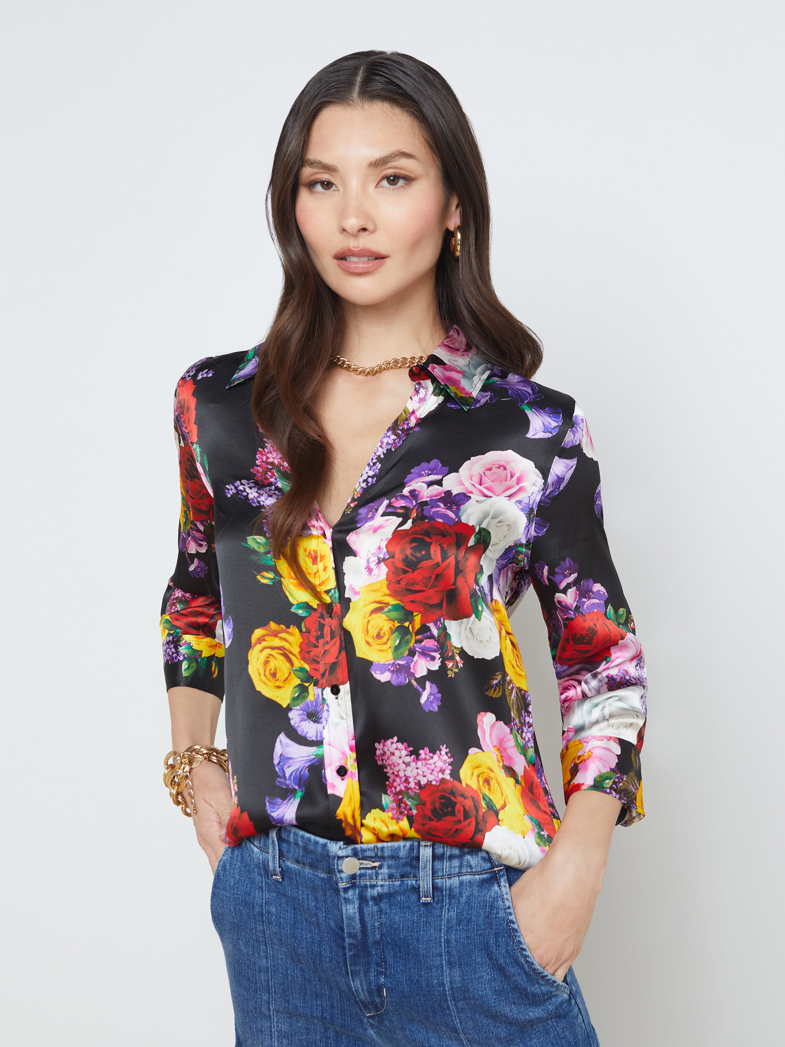 L'AGENCE Dani Silk Blouse in Black Multi Mix Rose