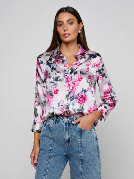 Dani Silk Blouse in Pink Multi Water Rose | L'AGENCE