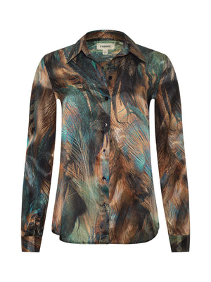 The L'AGENCE Tyler Silk Blouse is a long-sleeve button-down with a collared neckline, showcasing a colorful abstract feather print in brown, teal, and black.