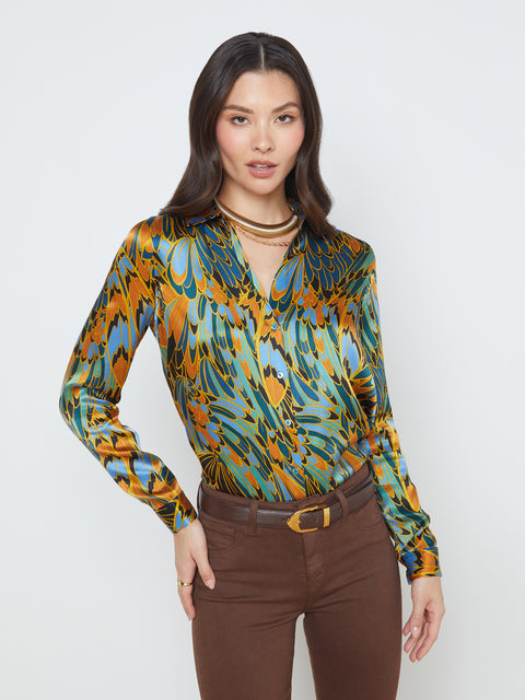 L'AGENCE Tyler Silk Blouse in Blue Multi Parrot Feather