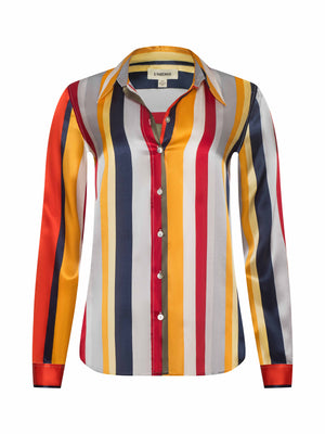 The L'AGENCE Tyler Silk Blouse features multi-colored stripes—red, yellow, orange, navy blue, gray, and white—with a collar, long sleeves, and a satin-like finish for a polished look.