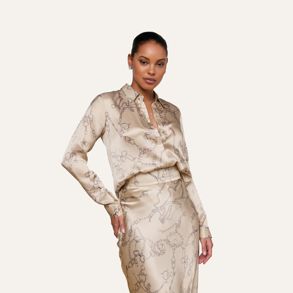 Tyler Silk Blouse in Soft Macadamia Multi Small Horsebit Chain | L
