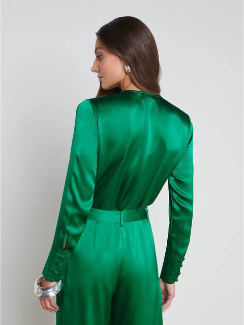 Issa Emerald Green Deep Plunge Satin Bodysuit