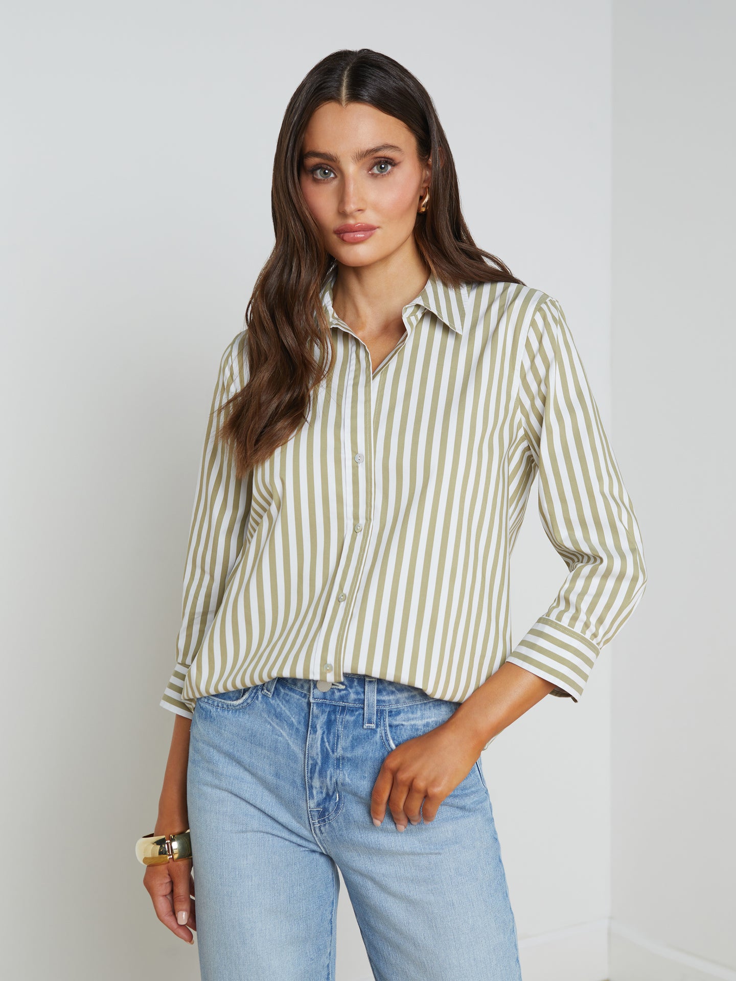 L'AGENCE Daniella 3/4 Sleeve CottonBlend Blouse in Dried Herb/ White