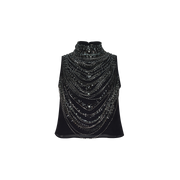 The Yun Draped Crystal Tank is a sleeveless black top, lavishly embellished with layered, sparkling crystal chains that drape across the front and form a high, jeweled neckline. This striking evening piece stands out as a true statement against a plain white background.