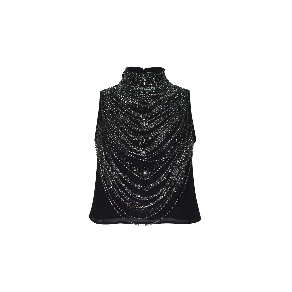 The Yun Draped Crystal Tank is a sleeveless black top, lavishly embellished with layered, sparkling crystal chains that drape across the front and form a high, jeweled neckline. This striking evening piece stands out as a true statement against a plain white background.