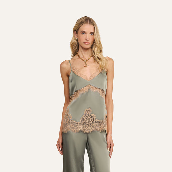 Mitsu Satin Lace Camisole in Smokey Olive/Praline | L'AGENCE