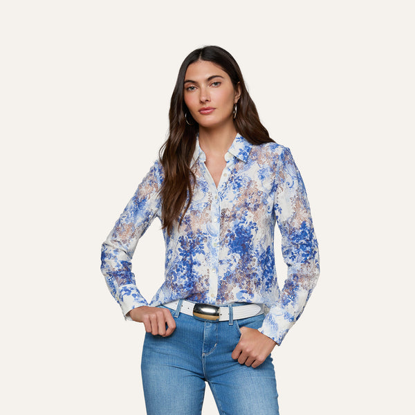Maia Lace Blouse in Ivory/Blue Watercolor Lace Paisley | L'AGENCE