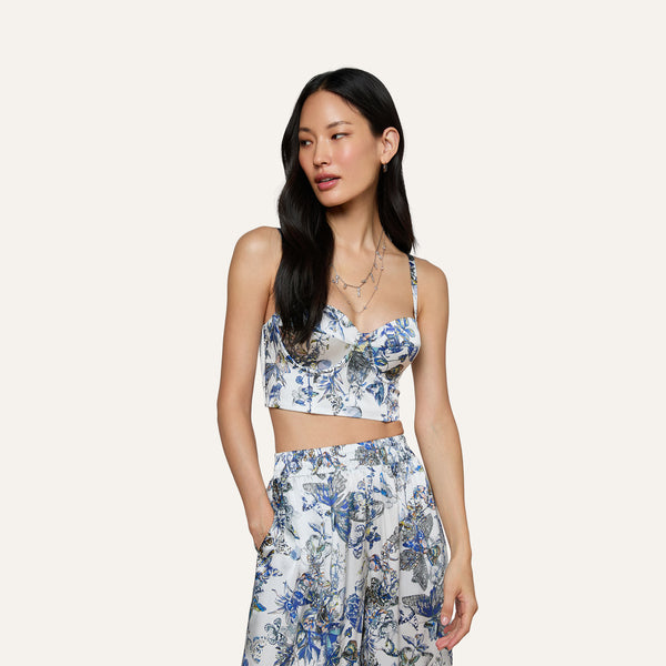 Sonya Silk Bustier in Grey Multi Watercolor Butterfly | L'AGENCE