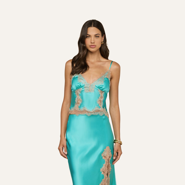 Kimber Silk Lace Camisole in Cyan/Cappuccino | L'AGENCE