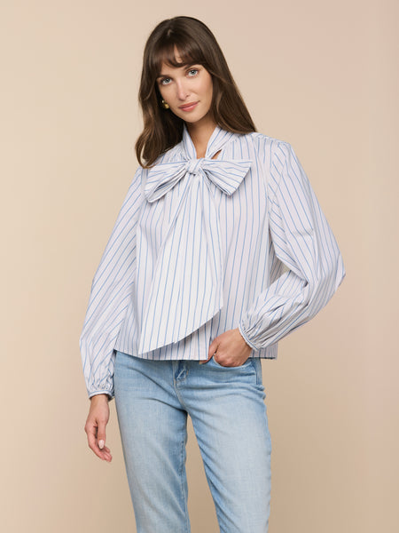 Deon Tie-Neck Blouse in White/Thin Blue Mist Stripe | L'AGENCE