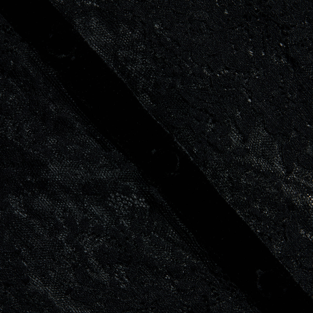 Close-up of the Dorothea Velvet Lace Blouse in black, showcasing Chantilly lace fabric with a dark, velvety strip running diagonally across its textured surface. The blouse features delicate, intricate lace patterns accented with velvet seams.