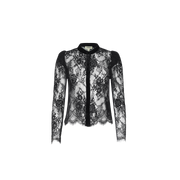 Dorothea Velvet Lace Blouse featuring black Chantilly lace, long sheer sleeves, floral patterns, a scalloped hem, and a button-down front, displayed on a plain white background.
