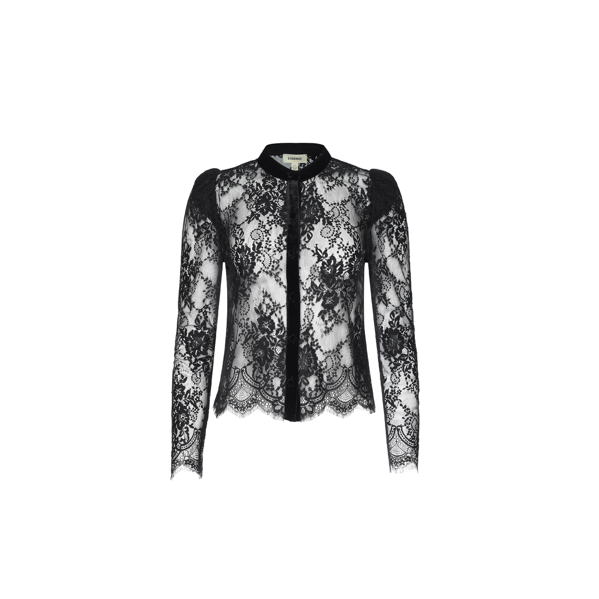 Dorothea Velvet Lace Blouse featuring black Chantilly lace, long sheer sleeves, floral patterns, a scalloped hem, and a button-down front, displayed on a plain white background.