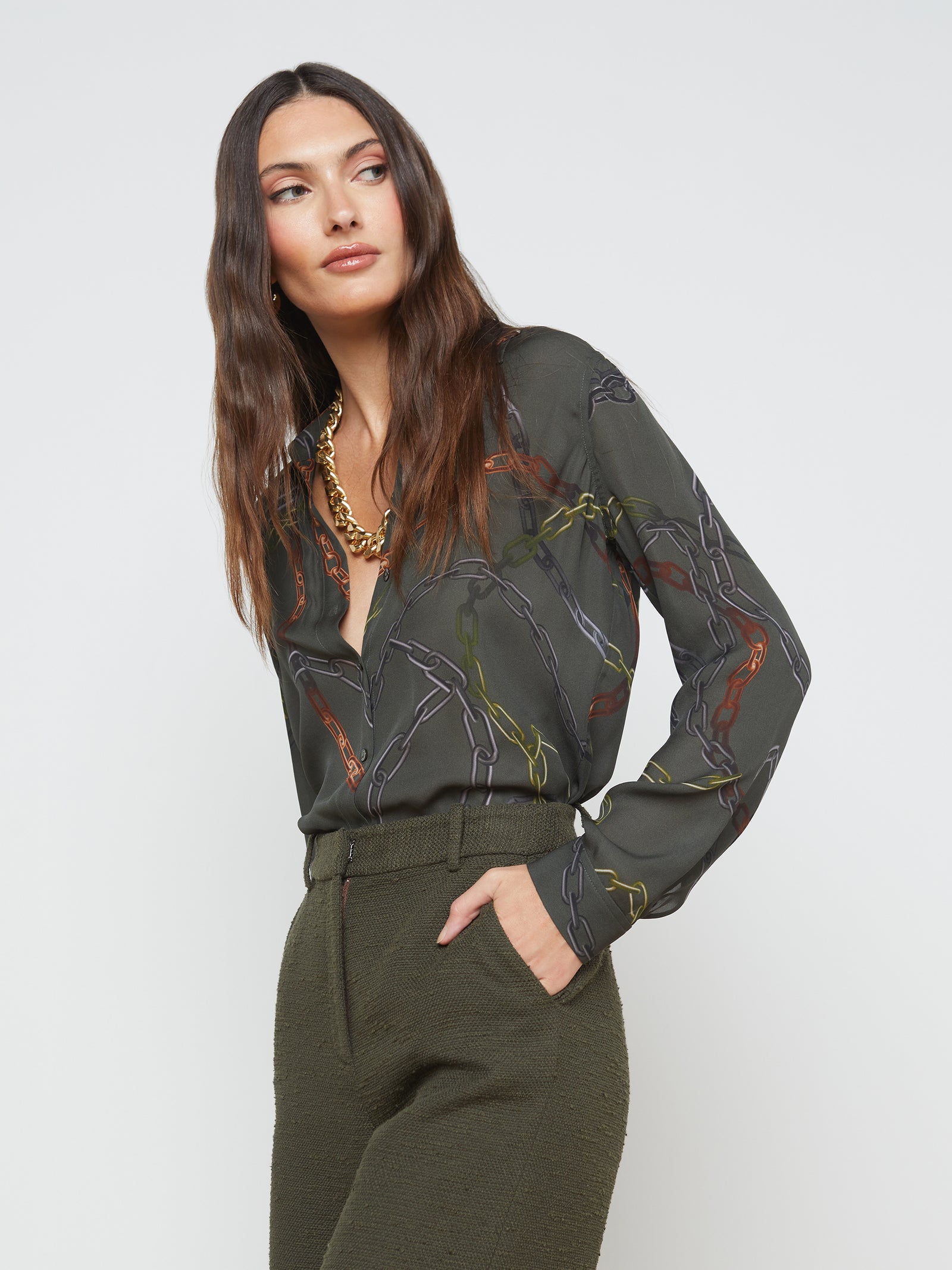 L'AGENCE Nina Silk Blouse in Army Multi Link Chain