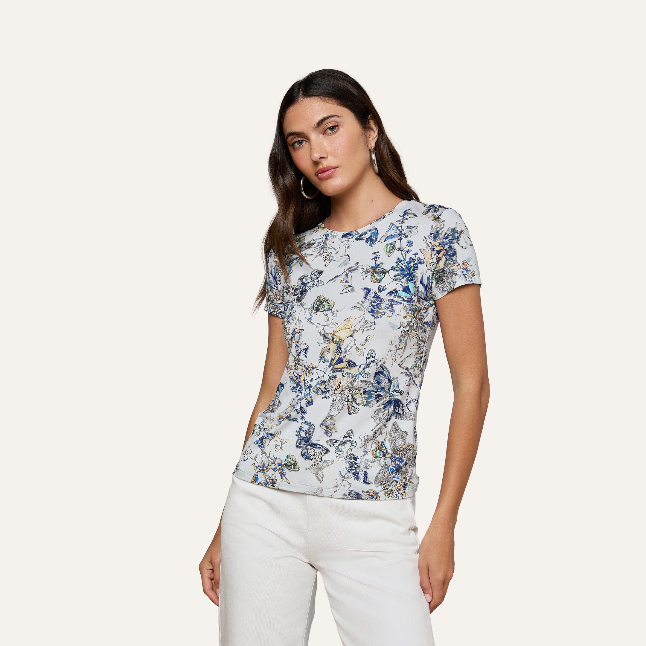 Gmdtwjgb Ressi Fitted Tee in Grey Multi Watercolor Butterfly | L'AGENCE