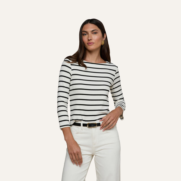 Lucille Striped Boatneck Top in Ivory/Black Stripe | L'AGENCE