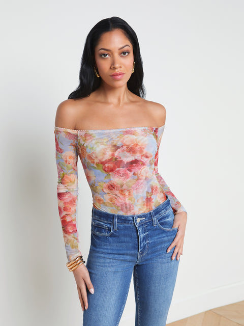 L'AGENCE - Peonie Off-the-Shoulder Bodysuit in Multi Soft Cloud Floral
