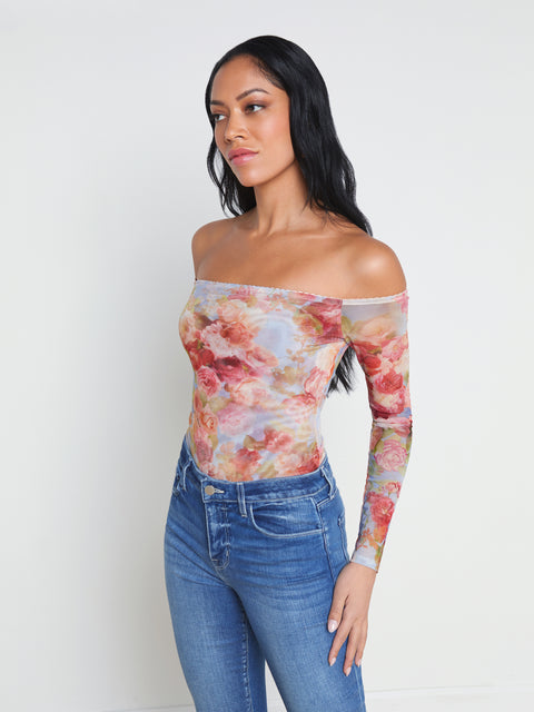 L'AGENCE - Peonie Off-the-Shoulder Bodysuit in Multi Soft Cloud Floral