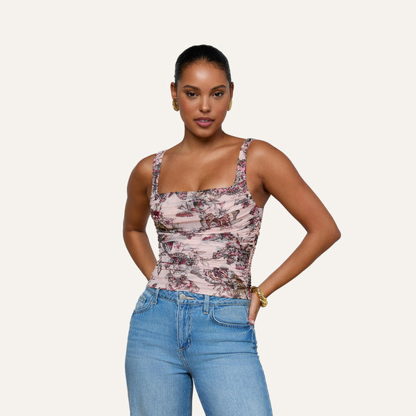 Rasha Shirred Mesh Tank in Light Nectar Pink Small Multi Butterfly