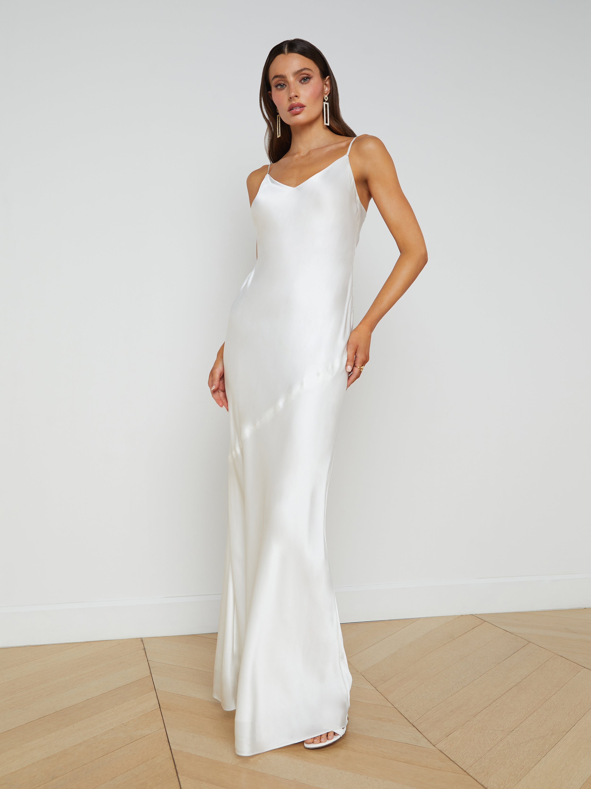 Love Affair Satin Gown with Ruched Back - White – Dressmezee