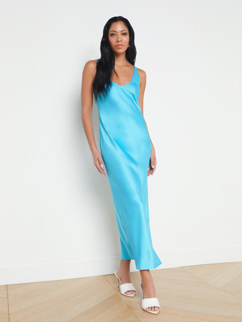 Prom Dress With a Slit in Blue Bell. Flare Satin Slip Dress With a Slit.  Bridesmaids Slip Dress. Open Back Slip Dress. -  Canada