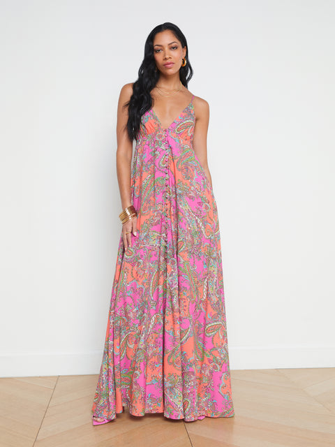 Fit & Flare Floral Linen-Blend Twist-Front Maxi Dress