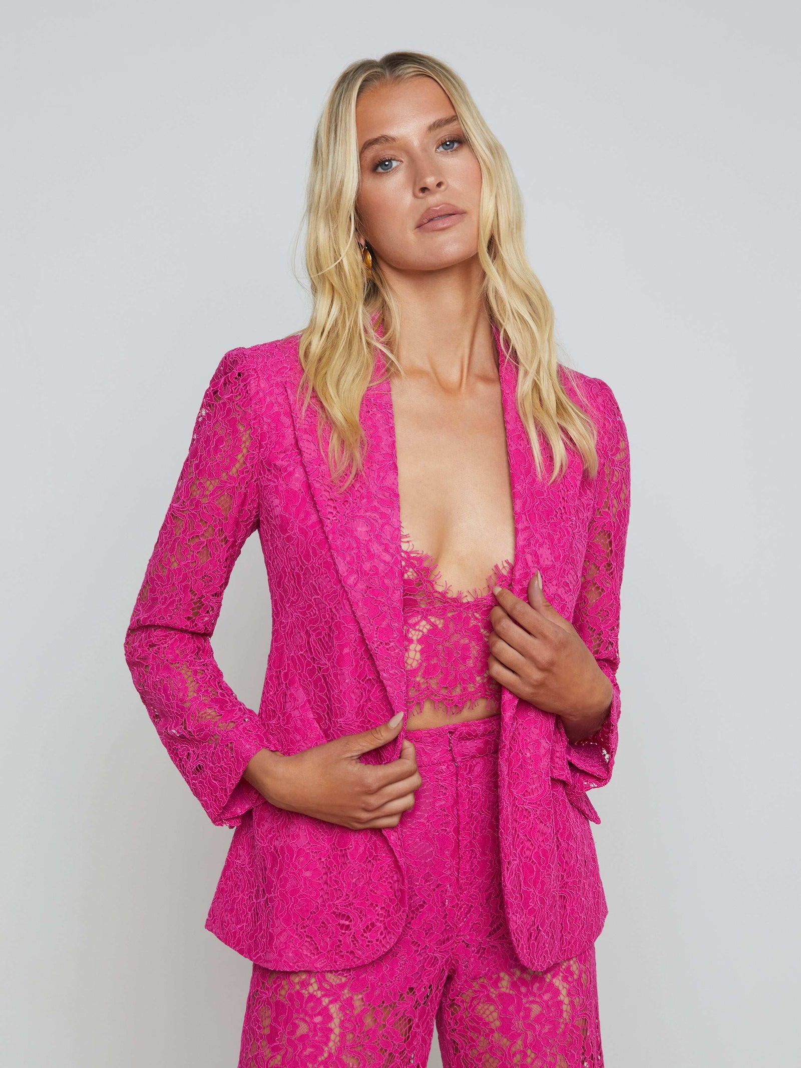 L’AGENCE - Chamberlain Single-Breasted Lace Blazer in Light Ruby