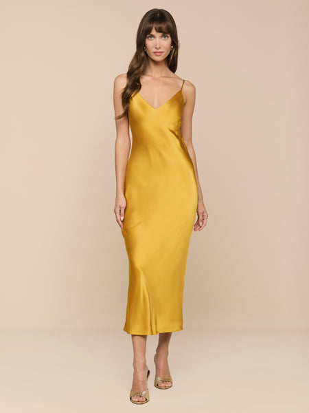 gold satin slip dress L'AGENCE Seridie Silk In Golden Spice Beyonce's Grammy Win at Model Lauren 34 inch) waist Velvet Colors:Teal Green 703