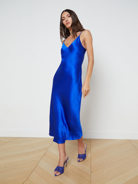 Anaphe Cobalt Blue Silhouette Silk Cowl Slip Dress