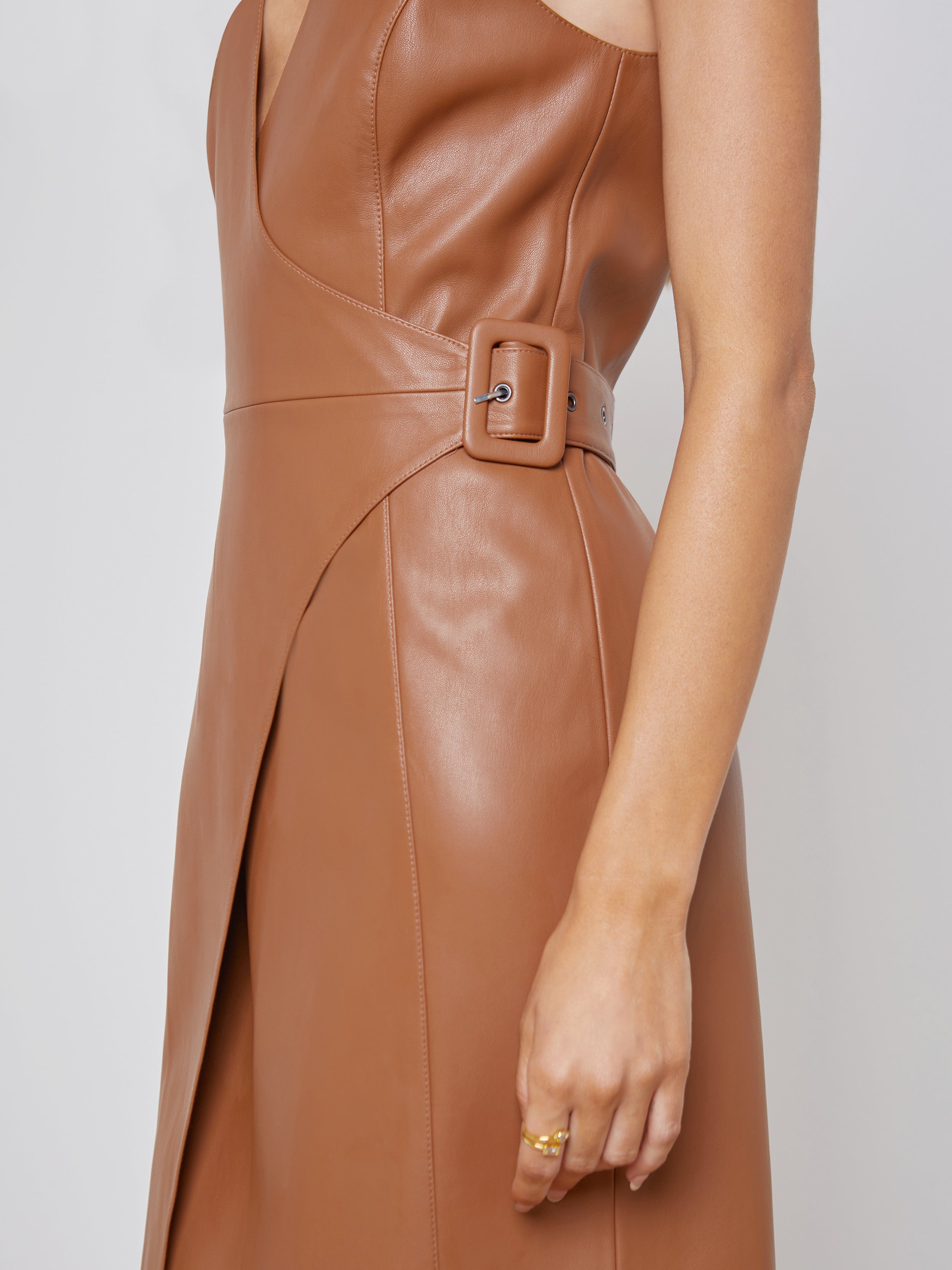 L'AGENCE Amal Faux Leather Dress in Fawn