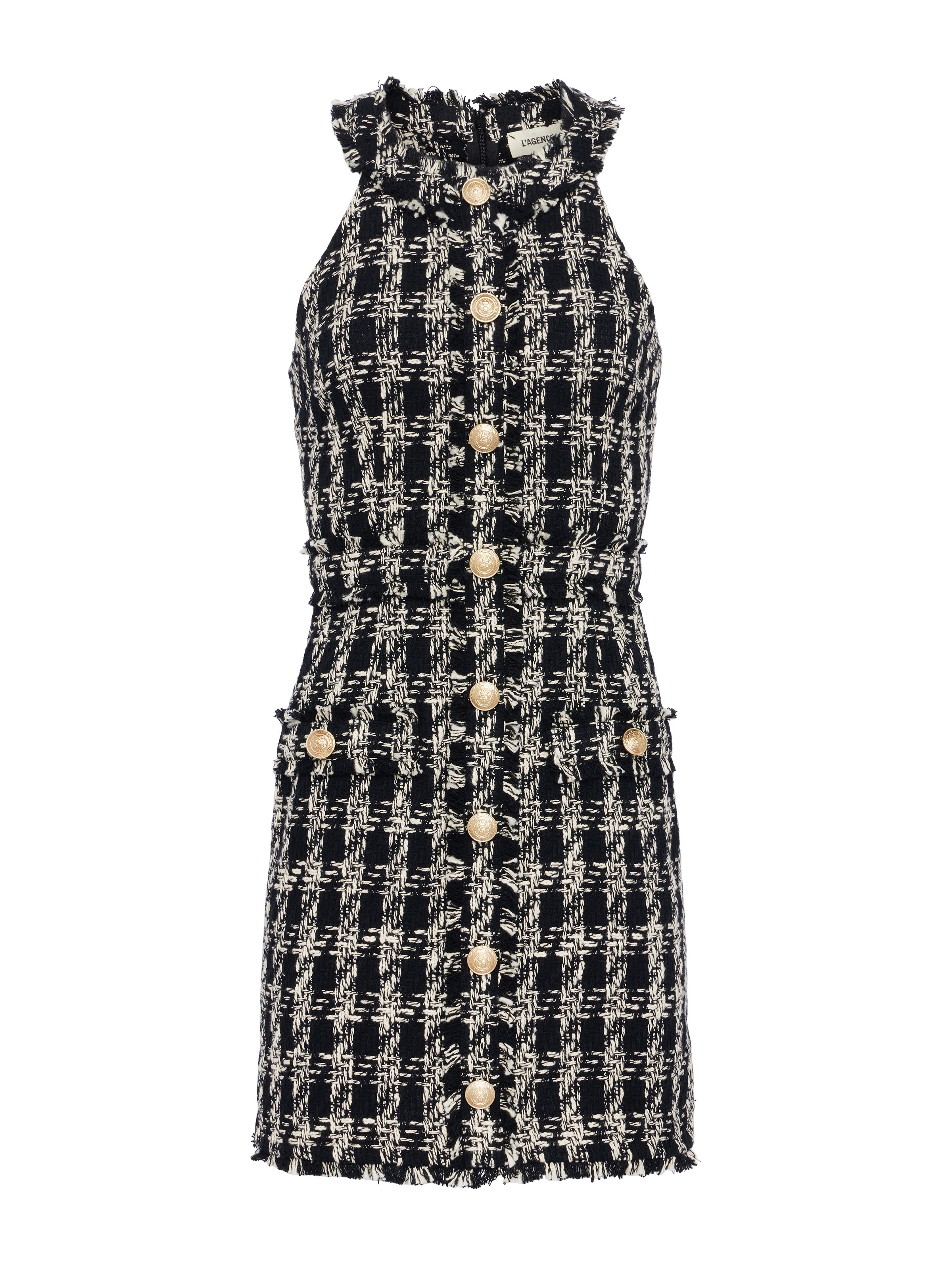 L'AGENCE Jade Tweed Dress in Black/Ivory Plaid Tweed