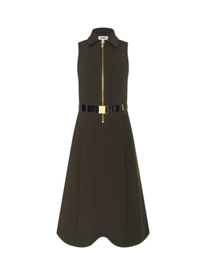The Kylo Shirt Dress by L'AGENCE is a sleeveless dark brown A-line dress with a collared neckline, front gold zipper, pockets, and a shiny black belt. Made from structured suit fabric and shown against a plain white background.