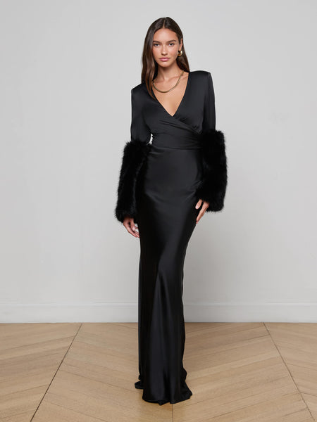 Manon Gown with Faux Fur in Black | L'AGENCE