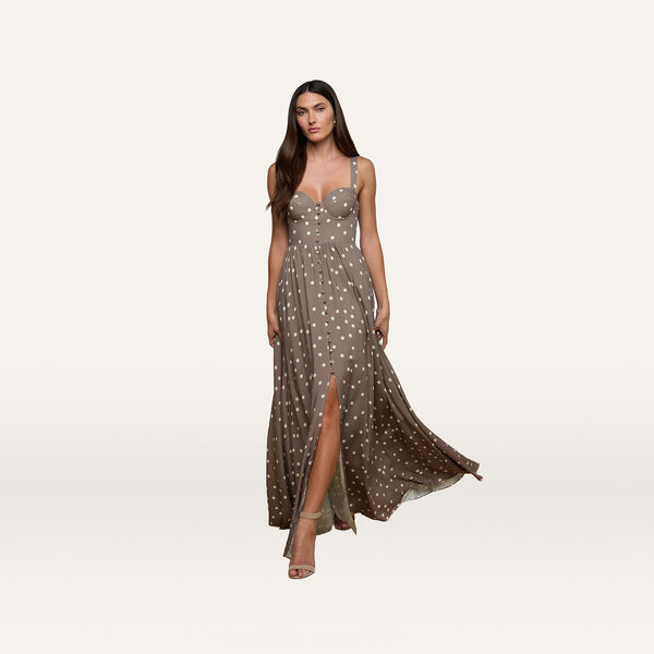 Rosette Maxi Dress in Cardamom/Ecru Polka Dot | L'AGENCE