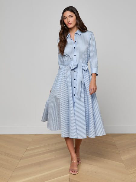 blue dress white stripes L'Agence Ralphie Midi In Light Blue/Dark Stripe Crochet Dog Dress Pattern: Adorned with a vibrant product-type:occasion dresses Color:Green V-Neck