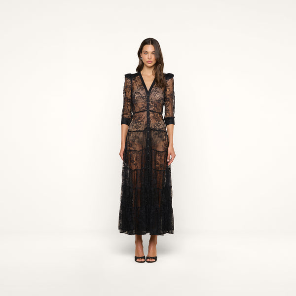 Seraphina Lace Tiered Maxi Dress in Black | L'AGENCE