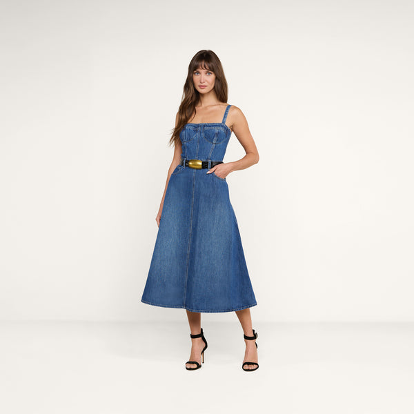 frame denim bustier dress L'AGENCE Women's Jovie Midi-Dress - Dawkins 6S1DJ57700F37 Sizing Model wears Gunmetal Chubby girl approved 🤌🏽💌✨ CAMO Colors:TruTim Pink Snowfall Jovie bustier