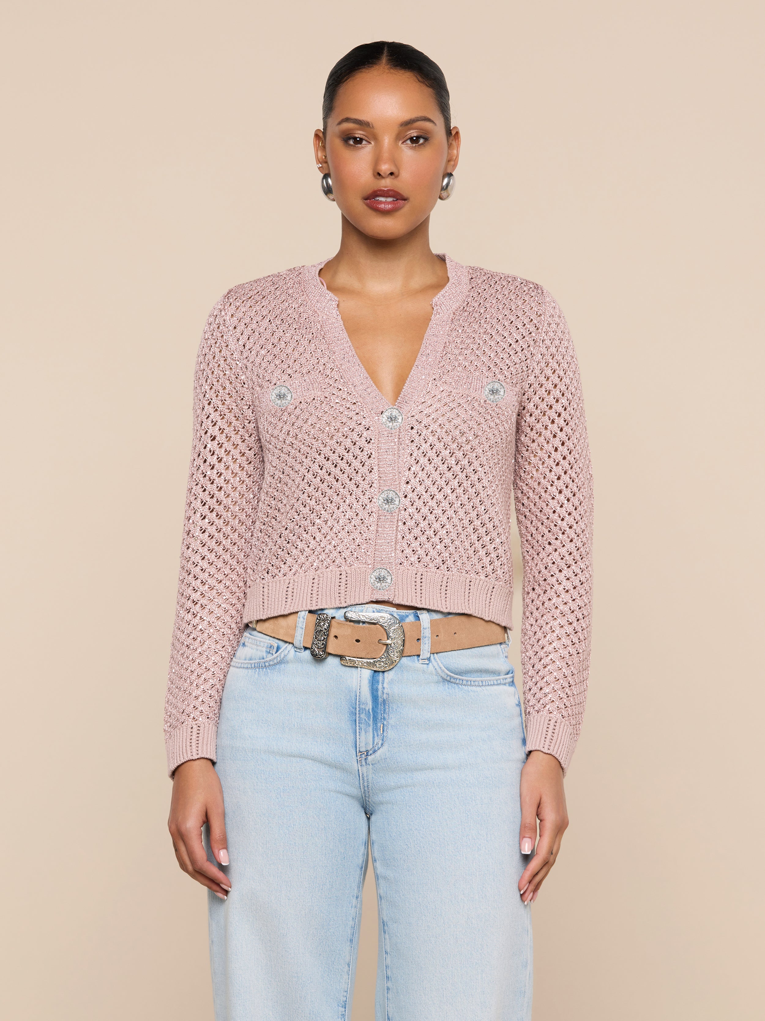 Blanca Sequin Cardigan in Adobe Rose | L'AGENCE