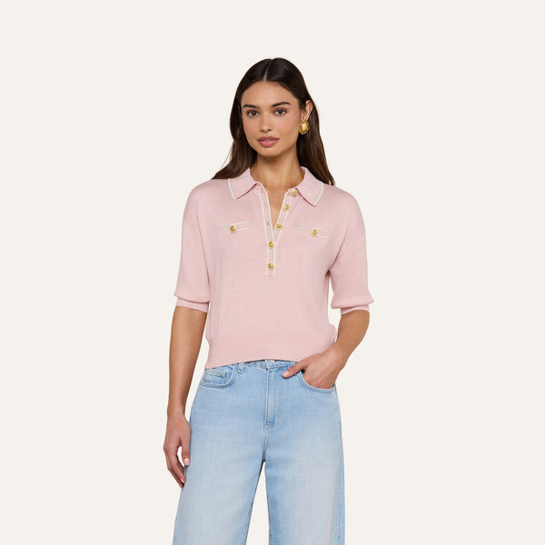 Masaki Cropped Sweater in Nectar Pink/Ivory/Gold Lurex | L'AGENCE